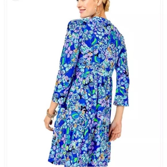Lilly Pulitzer Aliana 3/4 Sleeve Blue Grotto Dress Twilight Tropics Size XL - Picture 2 of 9